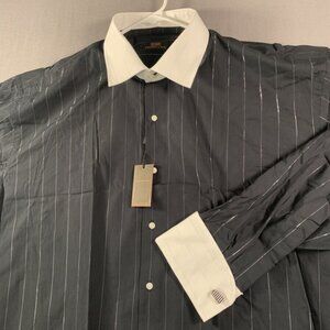 Steven Land Shirt Mens 19 36/37 Black White Pin Stripe French Cuff Dress Formal